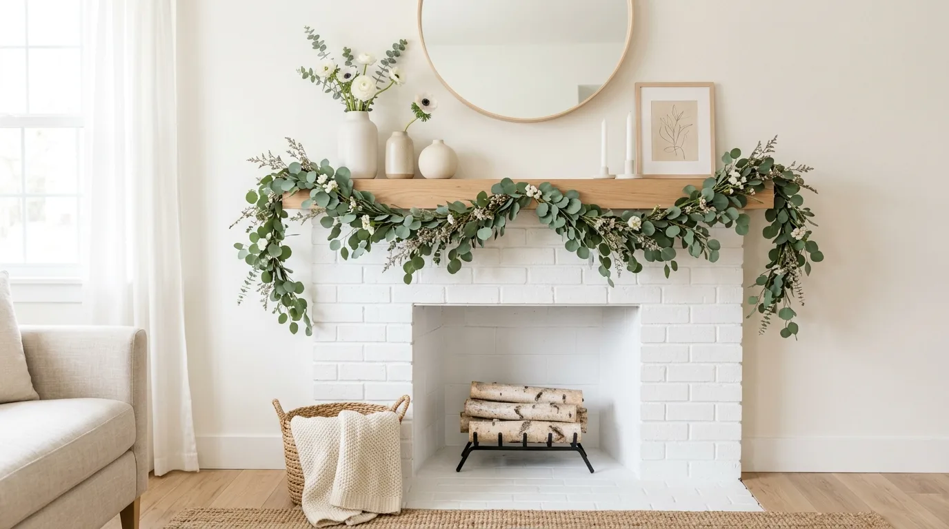 A spring mantel decorated with a mirror tulips and pale ceramic vases, no people