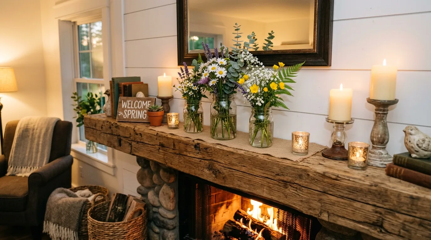 A farmhouse spring mantel with moss balls candlesticks and framed art, no people