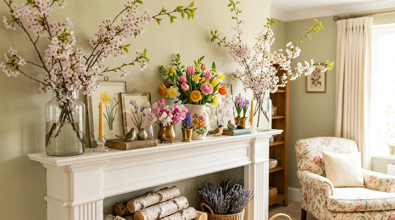 A minimal spring mantel with one floral branch and stacked neutral books, no people