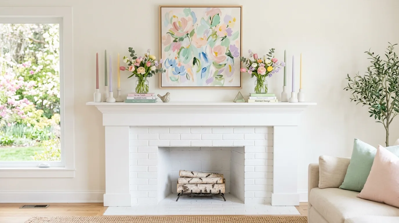 A spring mantel with blue and white ginger jars and gathered garden stems, no people
