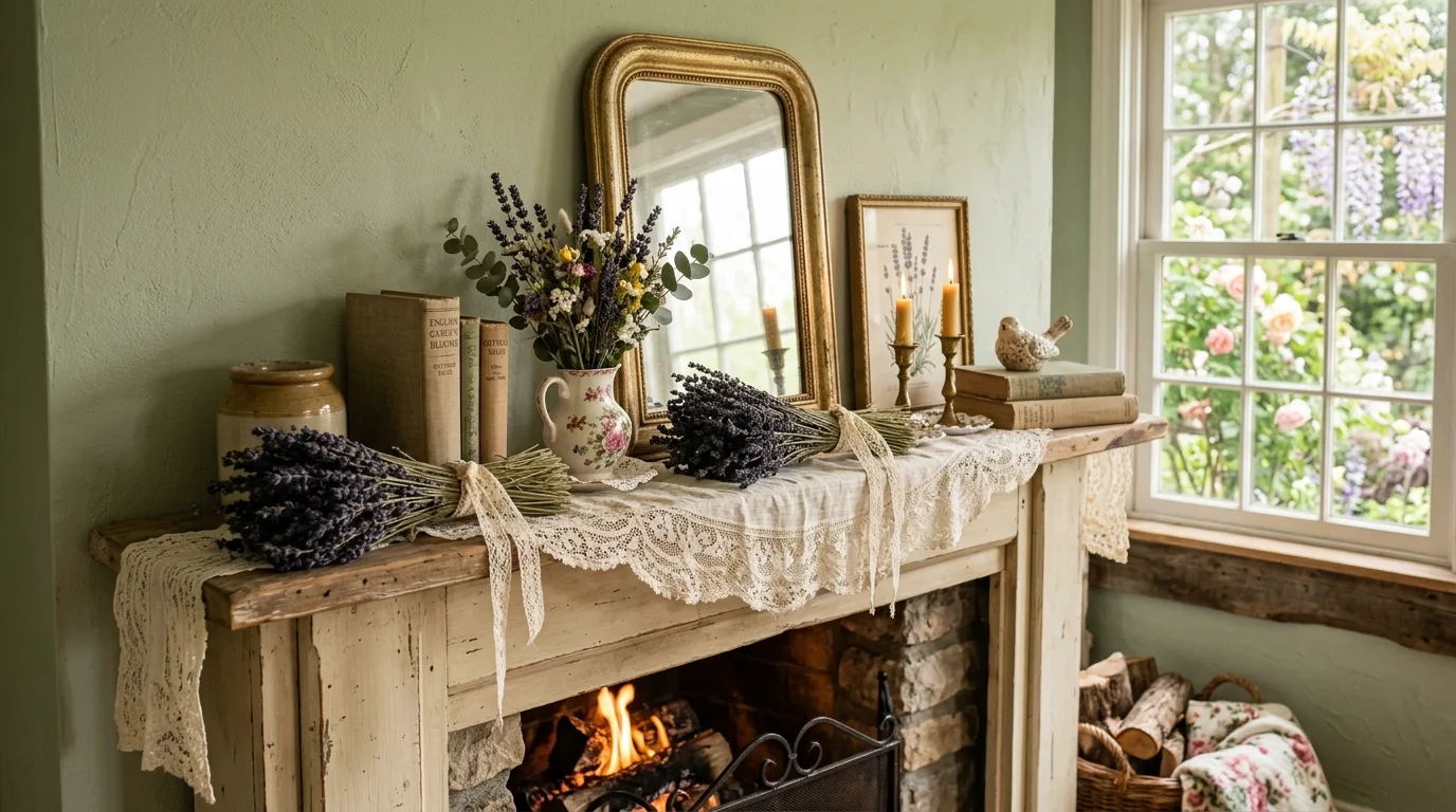 A soft cottage spring mantel with botanicals and a scalloped mirror, no people