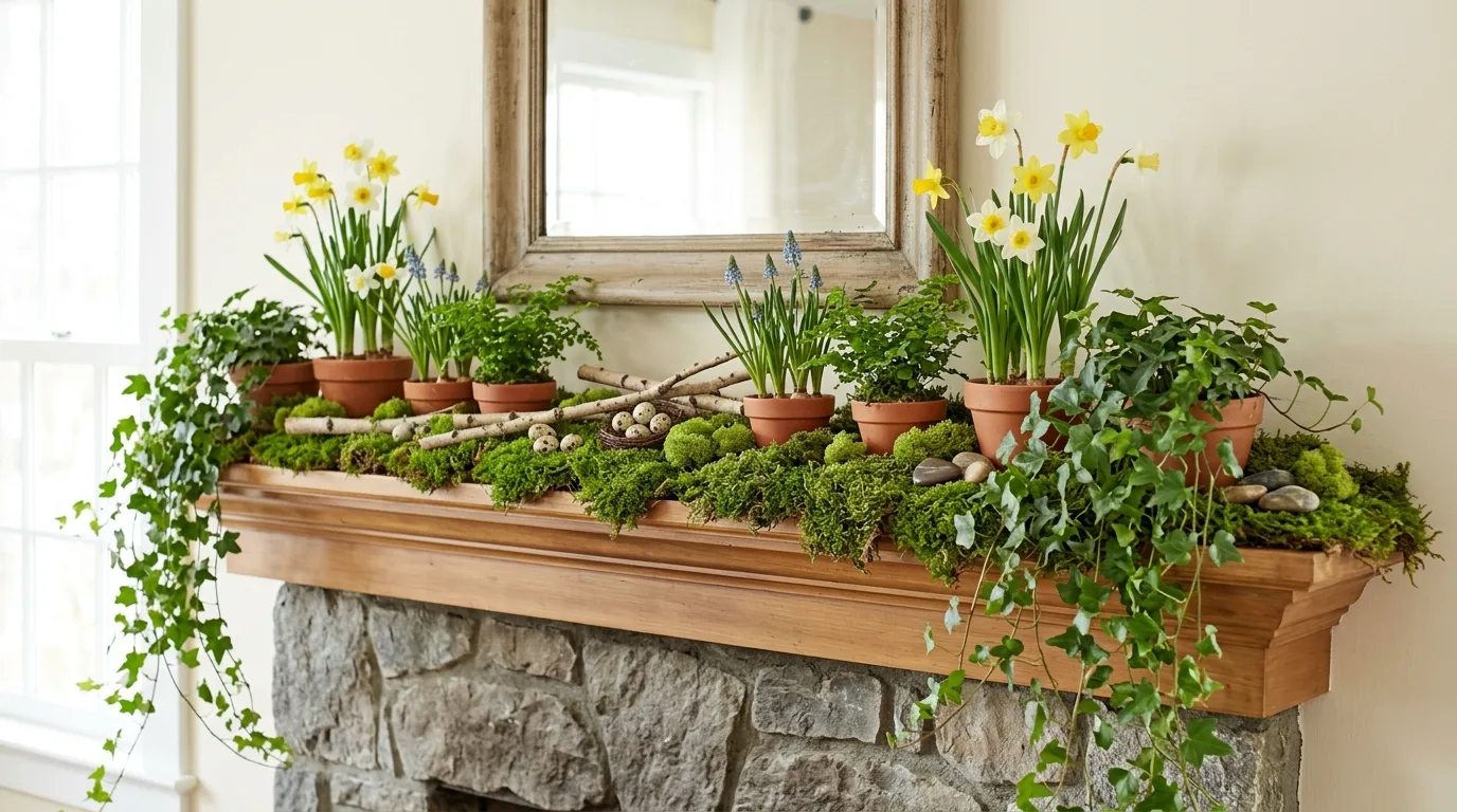 A spring mantel with eucalyptus garland and pale taper candles, no people