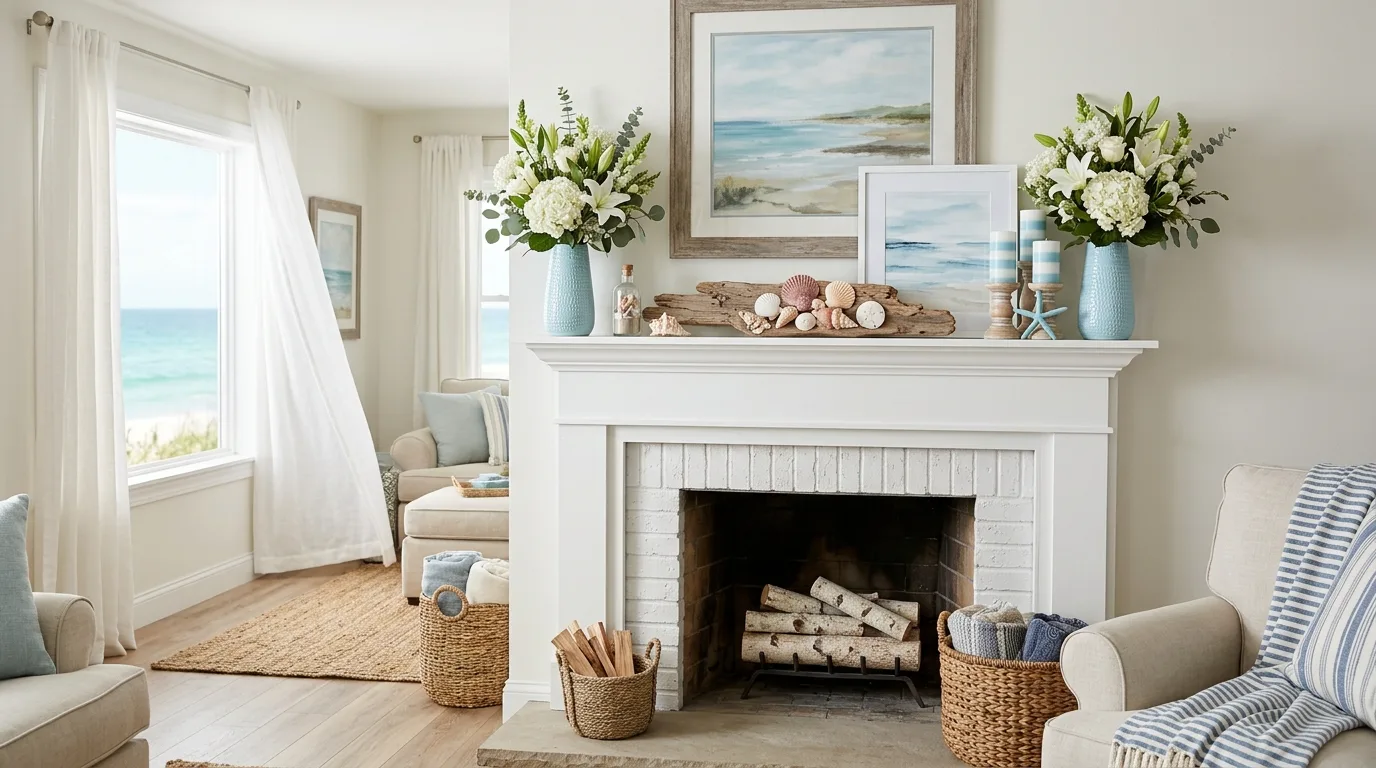A rustic spring mantel with white pitchers blossom stems and nest accents, no people