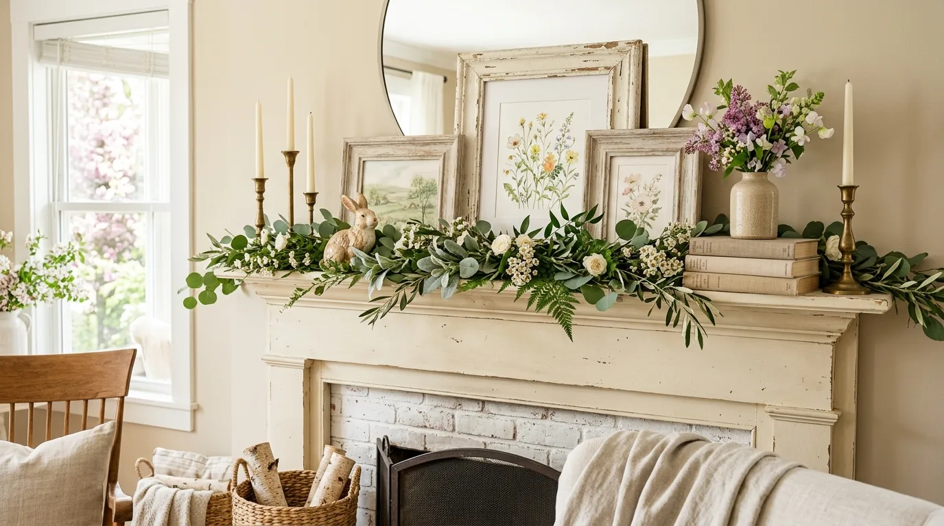 A modern spring mantel with abstract art and fresh clipped greenery, no people