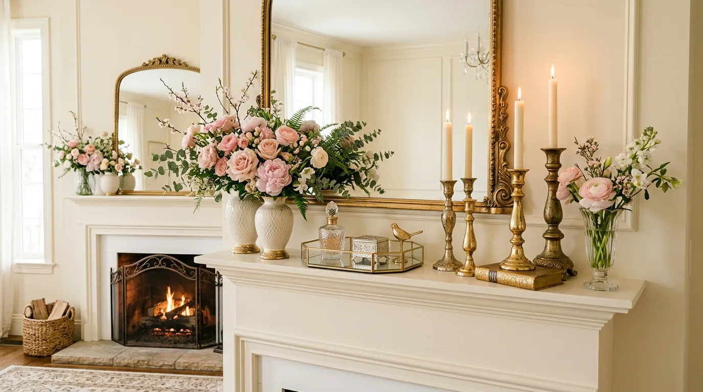 A living room spring mantel with daffodils brass accents and a woven basket, no people