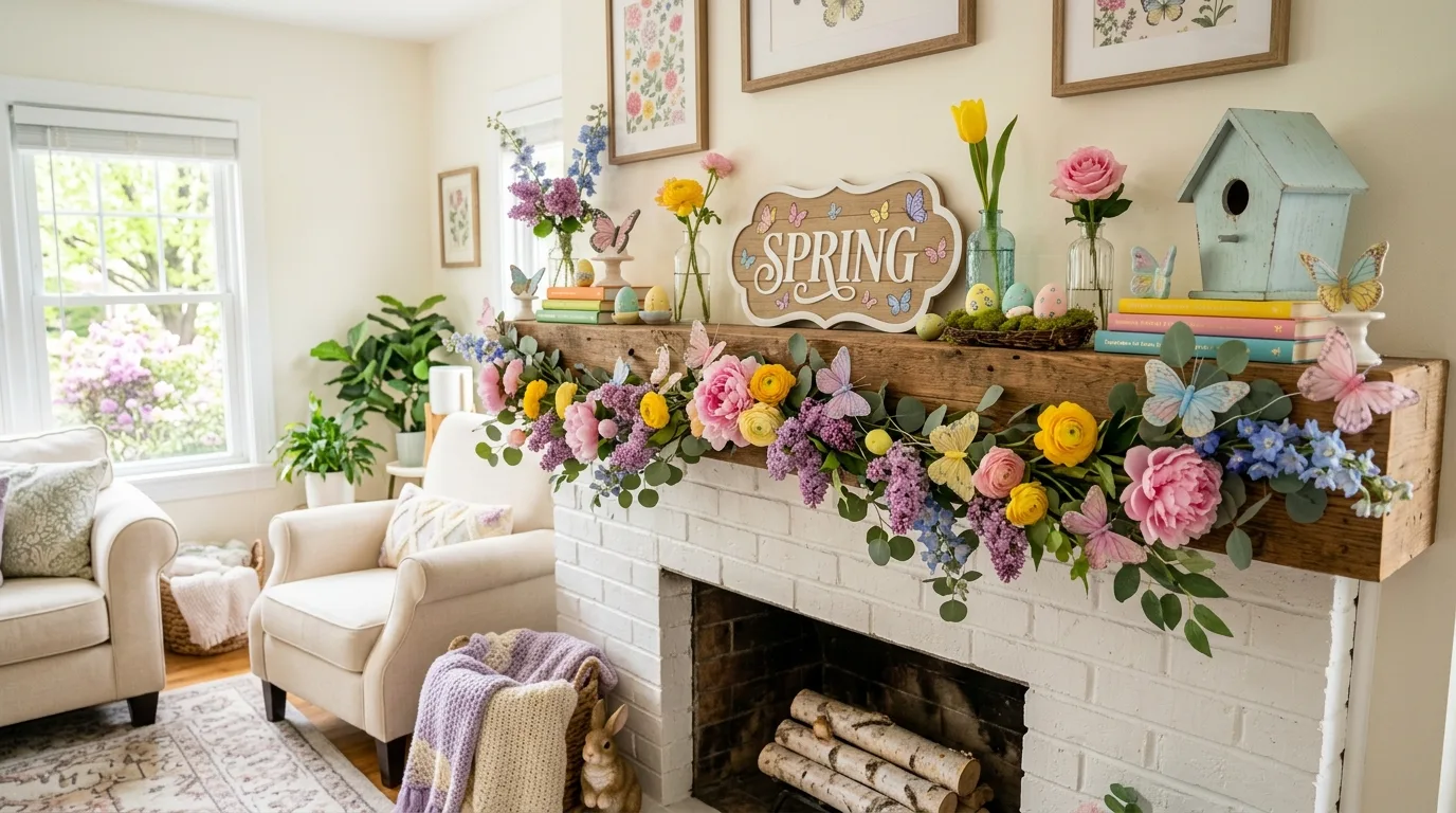A symmetrical spring mantel with urns blossom branches and candlelight, no people