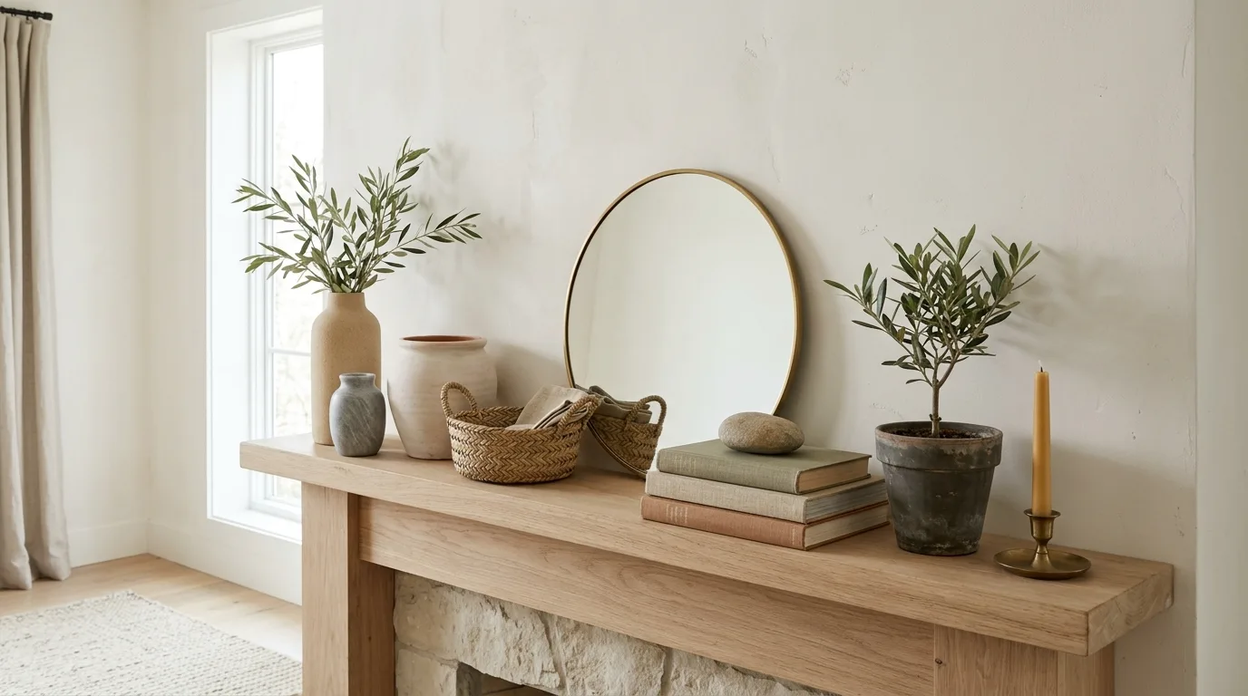A spring mantel with layered wreath artwork and a line of bud vases, no people