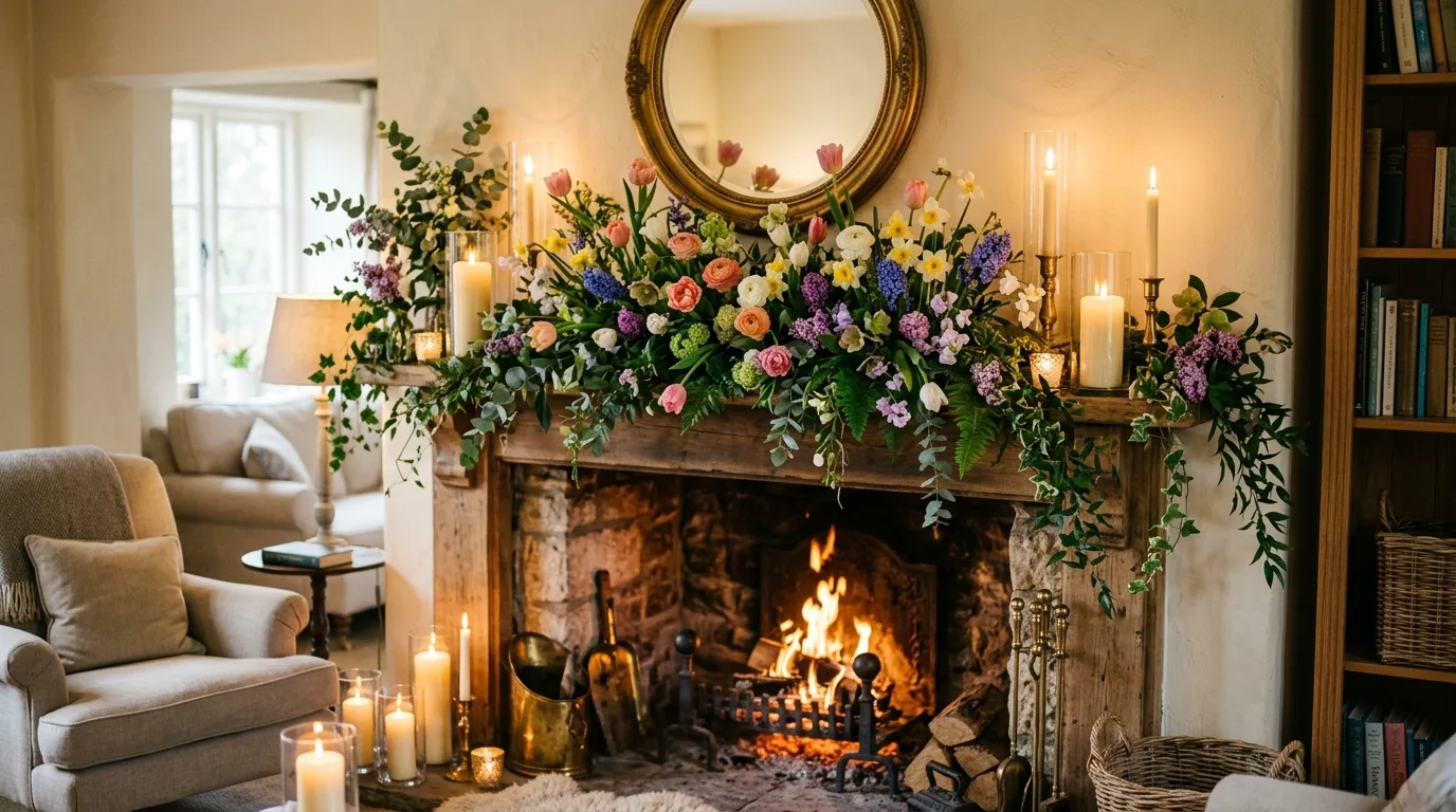 A pale stone spring mantel with ferns white pottery and spring prints, no people