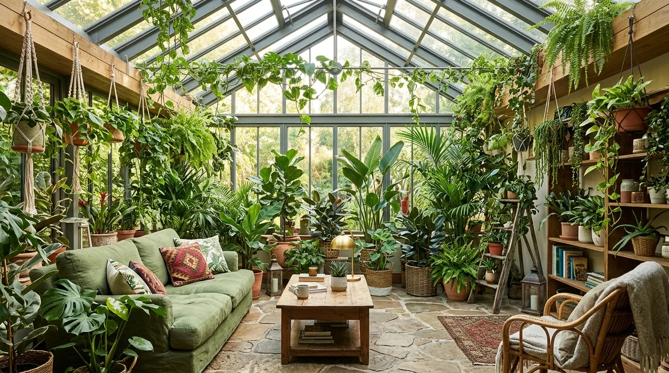 A creative interior garden in a sunlit corner with layered floor plants and a wooden stand, no people