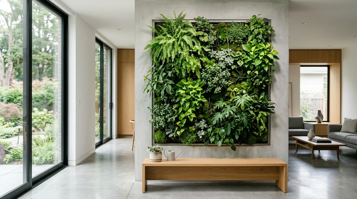 A kitchen interior garden with herbs beside a sunny window in terracotta pots, no people