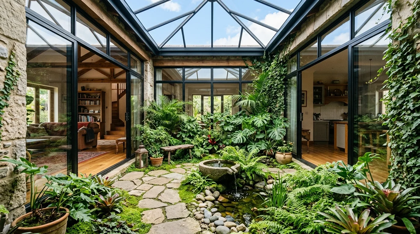 A bathroom interior garden nook with humidity loving plants and pale stone accents, no people