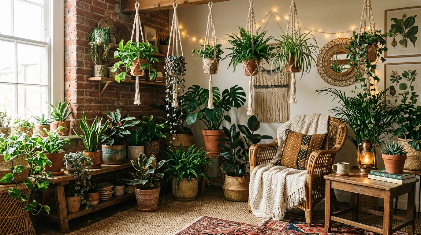 A dining room interior garden with trailing vines and mixed ceramic pots, no people