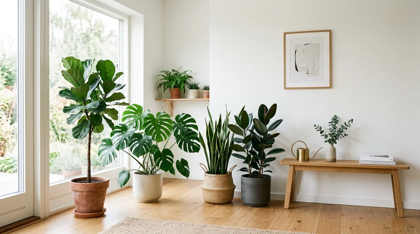 A built in bench styled as an interior garden with tall leafy plants and a hanging planter, no people