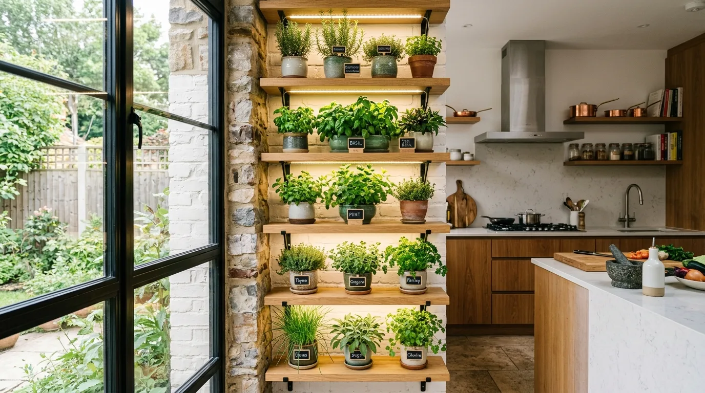 A minimal interior garden living room with one oversized tree and companion pots, no people