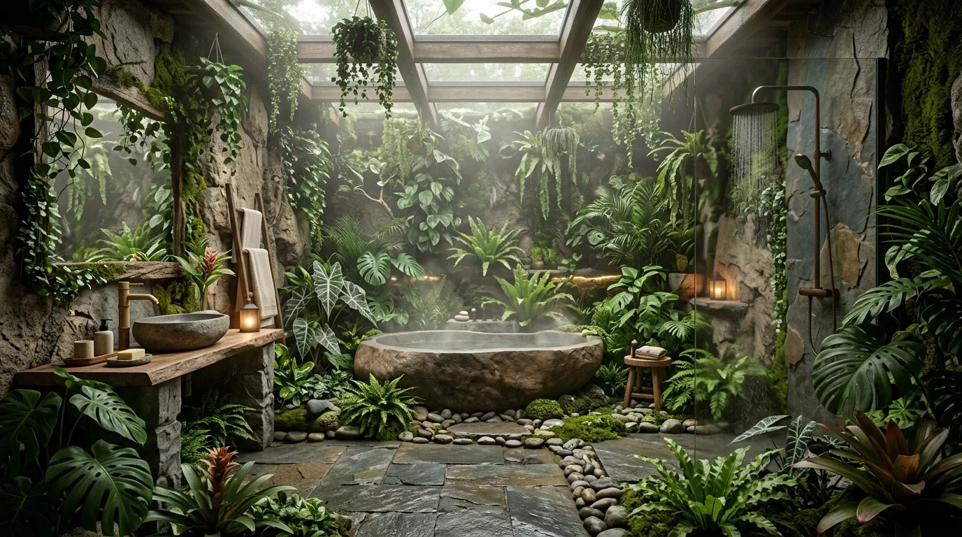 An interior garden on a stair landing with filtered light and varied leaf textures, no people