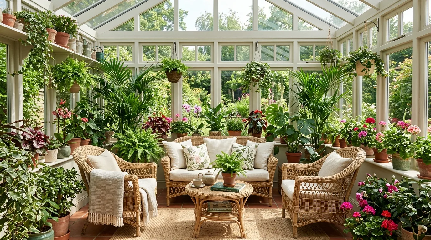 A home office interior garden with a desk side fig and smaller shelf greenery, no people