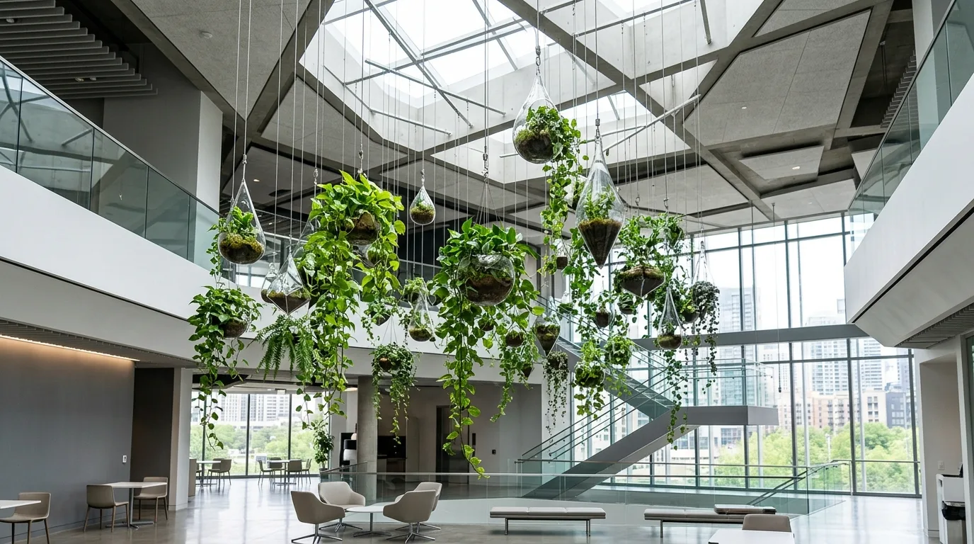 A glass enclosed sunroom interior garden with rattan seating and layered pots, no people