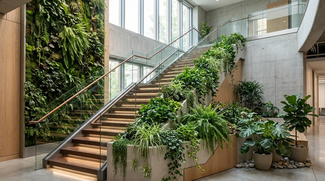 An entryway interior garden with a slim console and hanging planters, no people