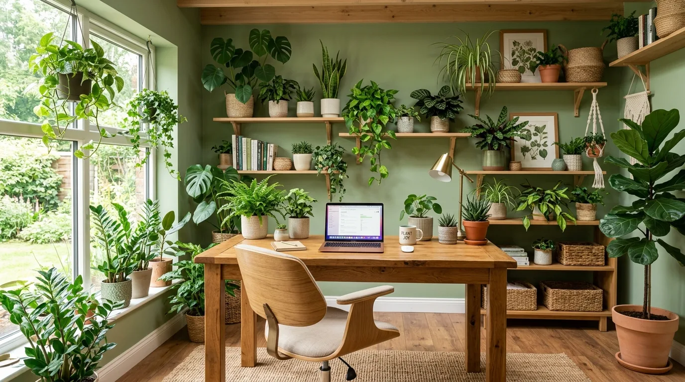 A bedroom interior garden with a cane chair olive tree and basket planters, no people