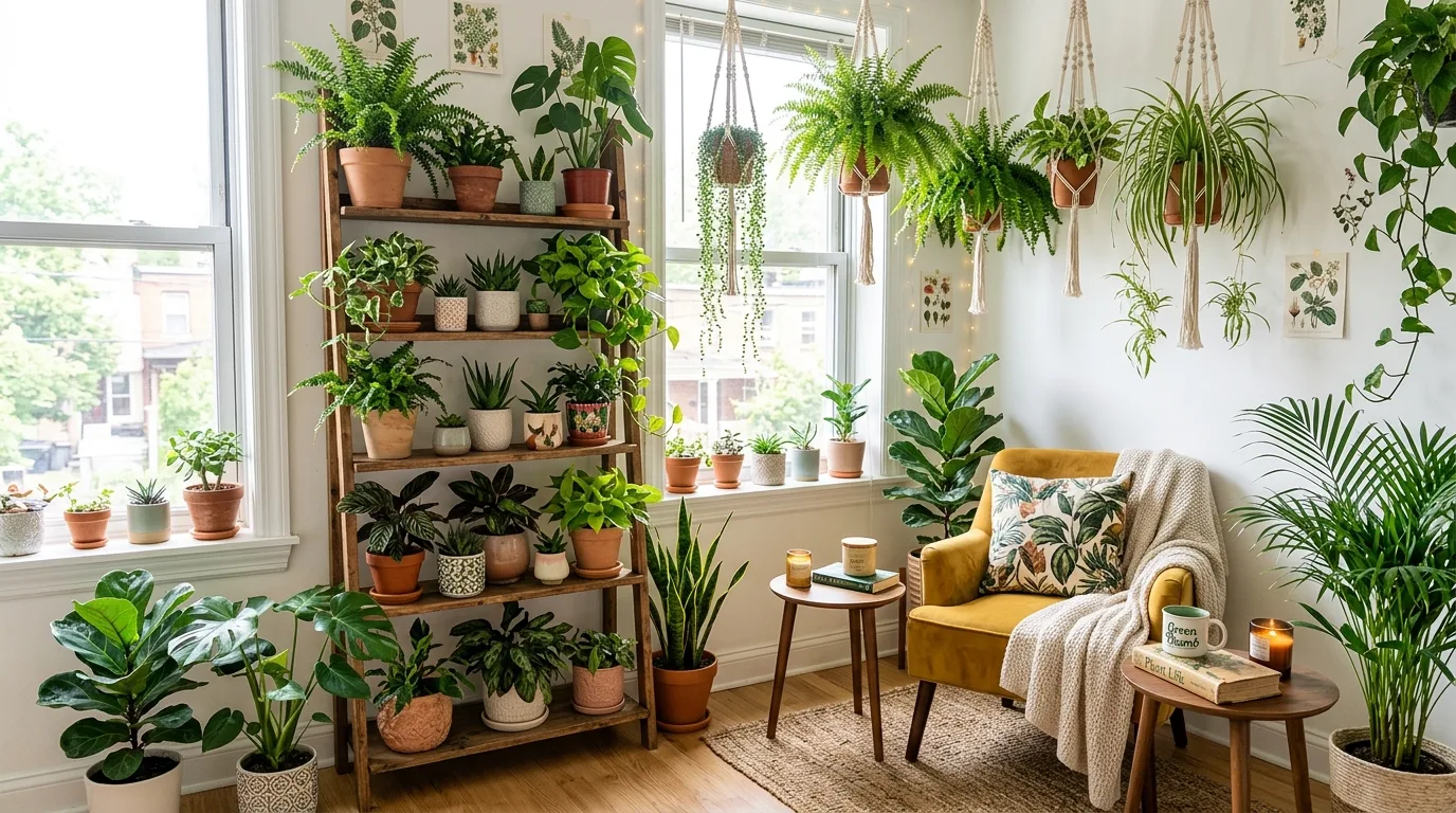 A hallway niche turned into an interior garden with repeated pots and layered plants, no people