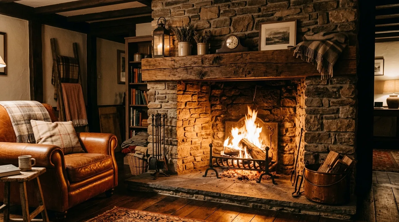 A cozy rustic farmhouse fireplace with stone rough timber mantle and stacked firewood, no people