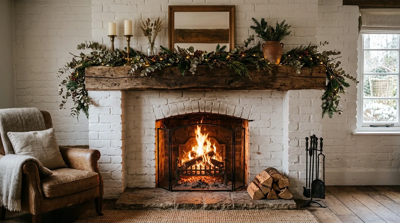 A rustic farmhouse fireplace with white brick antique lanterns and woven baskets, no people