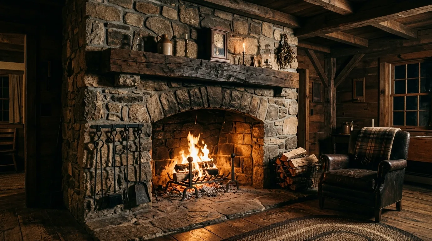 A rustic farmhouse fireplace with a dark beam mantle limewashed surround and pottery, no people