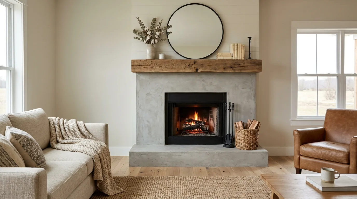 A compact rustic farmhouse fireplace corner with a plaid chair and vintage wall clock, no people