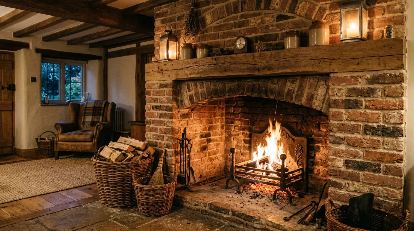 A rustic farmhouse fireplace with river rock hearth and old window frame decor, no people