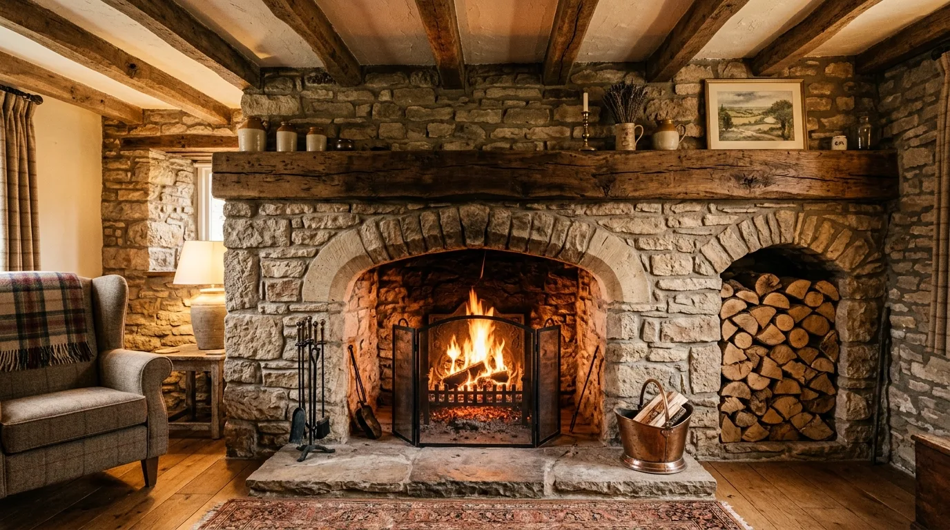 A rustic farmhouse fireplace with a black stove insert and warm wood accents, no people