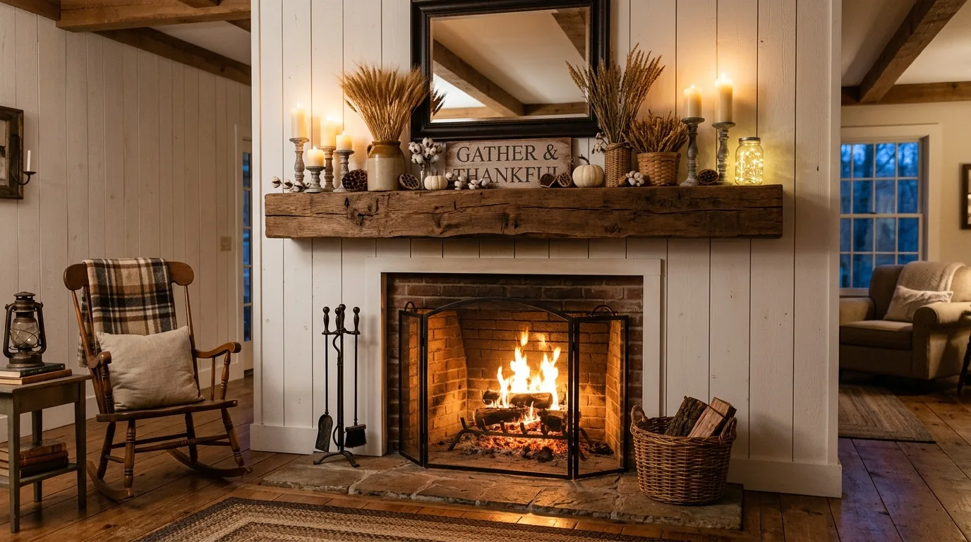 A rustic farmhouse fireplace mantle with crocks candlesticks and dried greenery, no people