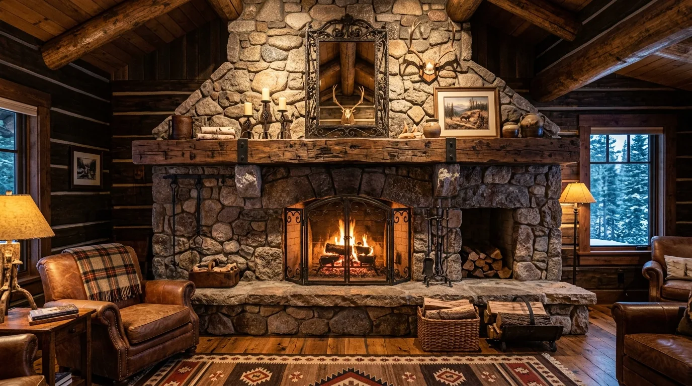 A tall rustic farmhouse stone fireplace wall with exposed beams and neutral seating, no people