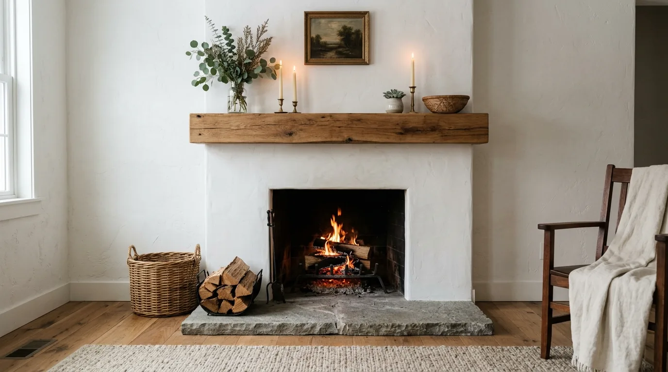 A rustic farmhouse fireplace with cream painted brick and a salvaged wood mantle, no people