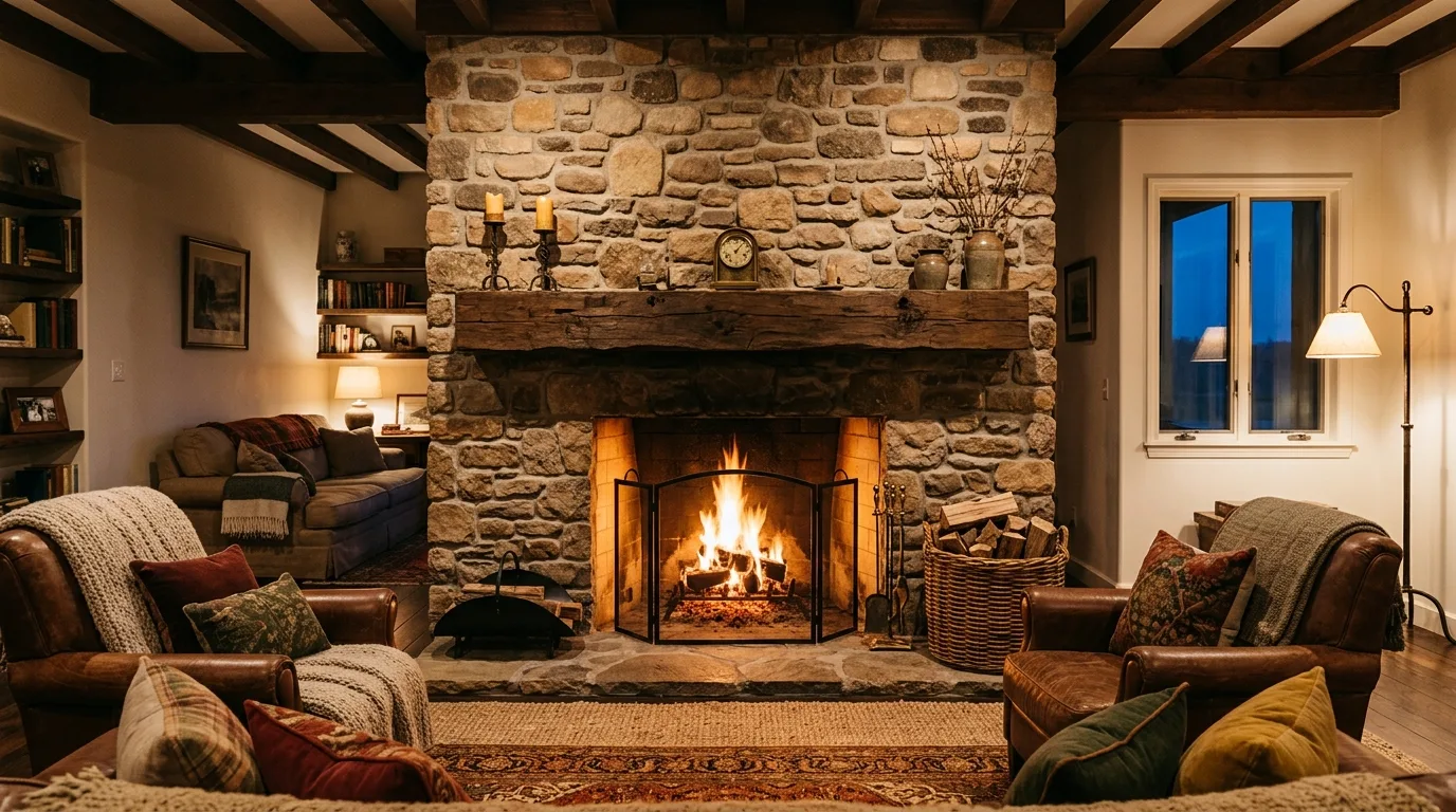 A rustic farmhouse fireplace flanked by ladder shelves with books baskets and greenery, no people