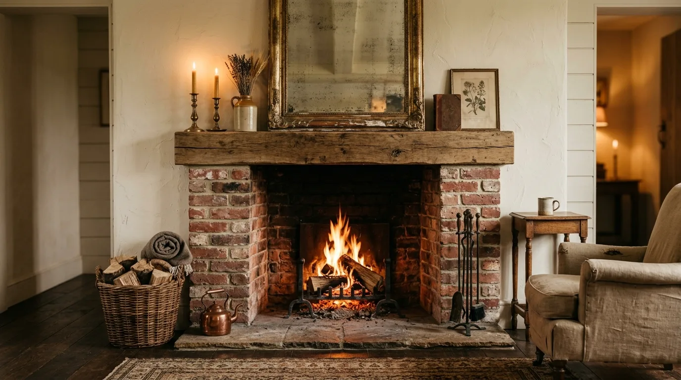 A farmhouse family room fireplace with a wide mantle and layered framed art, no people