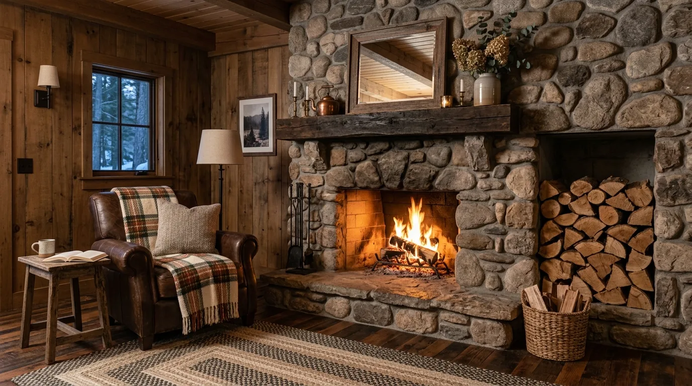 A rustic farmhouse fireplace wall with shiplap chunky wood mantle and olive branches, no people