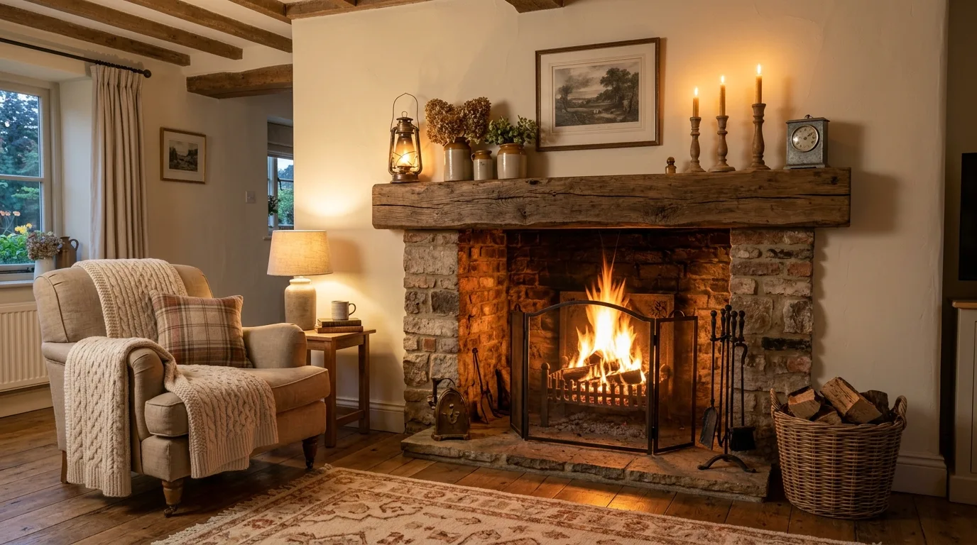 A cozy rustic farmhouse fireplace with a bench knit textiles and candle glow, no people
