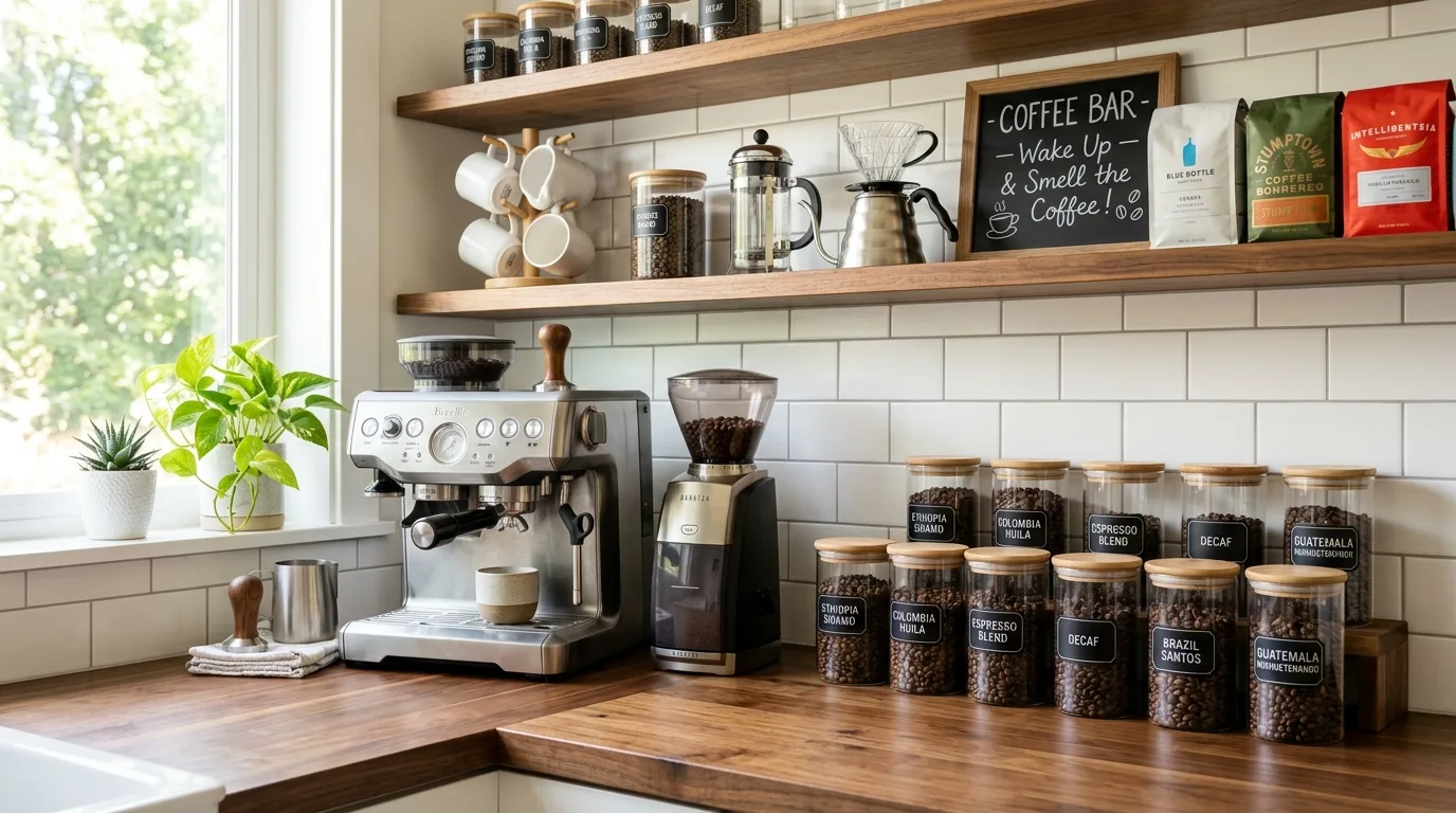 An inviting home coffee bar with built in shelving mugs and a compact espresso setup, no people