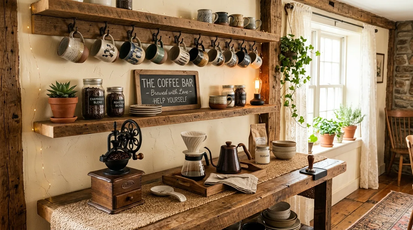 A farmhouse home coffee bar with beadboard backing and syrup bottle storage, no people