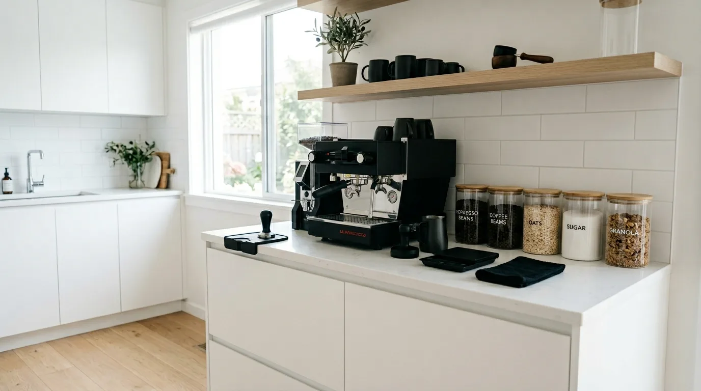 A modern home coffee bar with black and oak finishes and floating shelves, no people