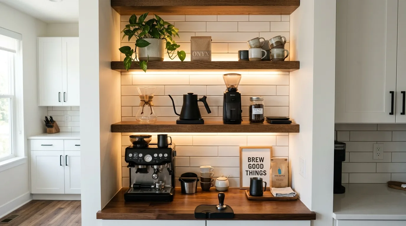 An inviting pantry nook coffee bar with stacked cups woven trays and warm lighting, no people