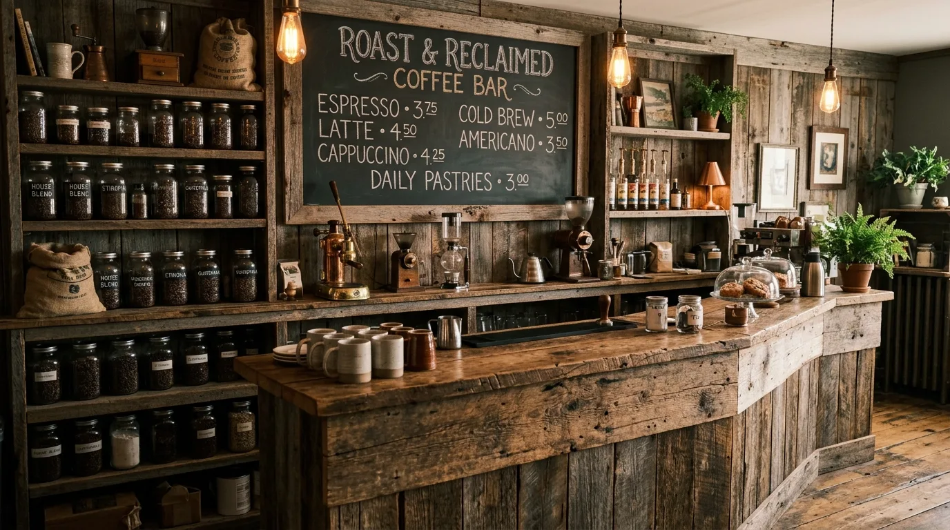 A white home coffee bar with brass hardware and a row of glass jars, no people