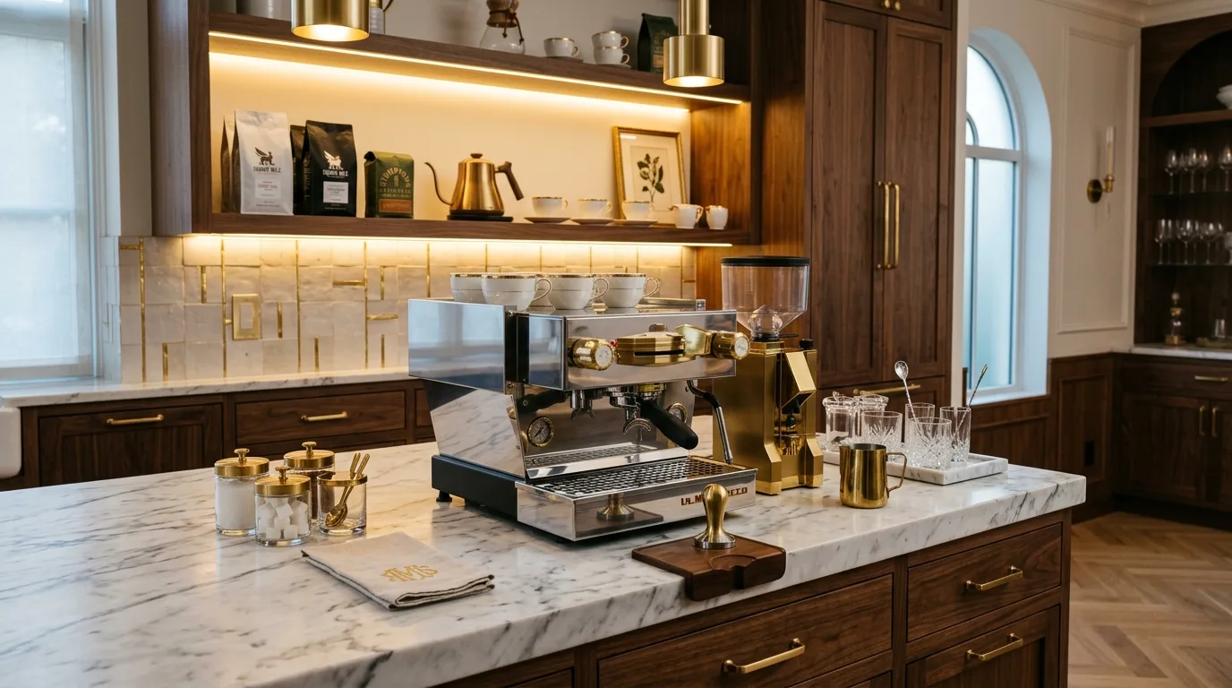 A rustic home coffee bar with reclaimed wood shelves and a vintage sign, no people