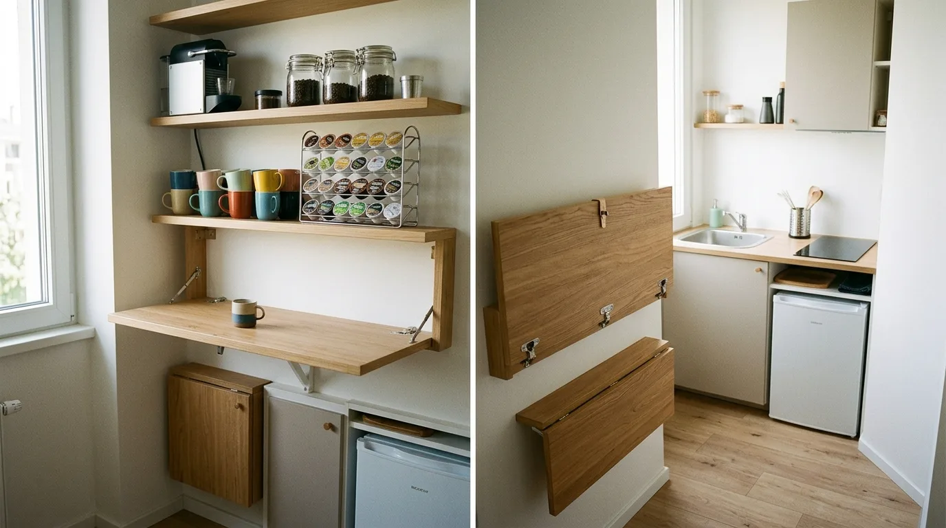 A slim apartment home coffee bar with stacked mugs and baskets, no people