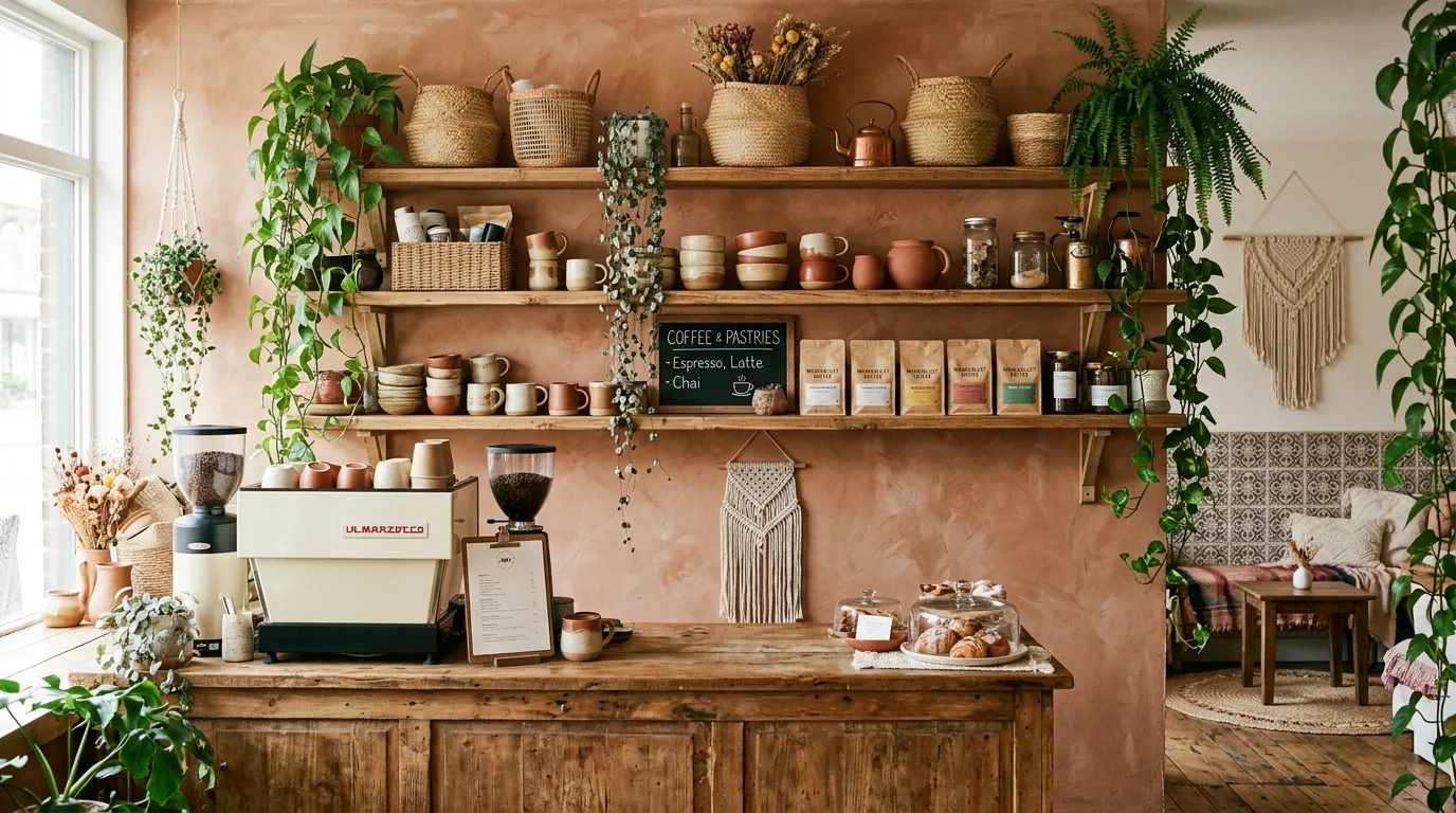 A moody home coffee bar with dark paint open shelving and copper details, no people