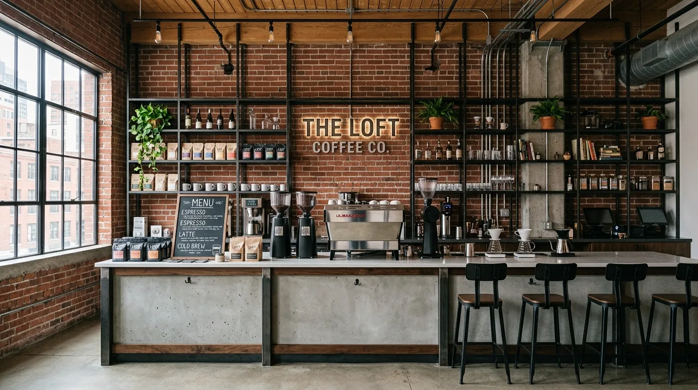 A corner home coffee bar with a pastry stand and leaned wall art, no people