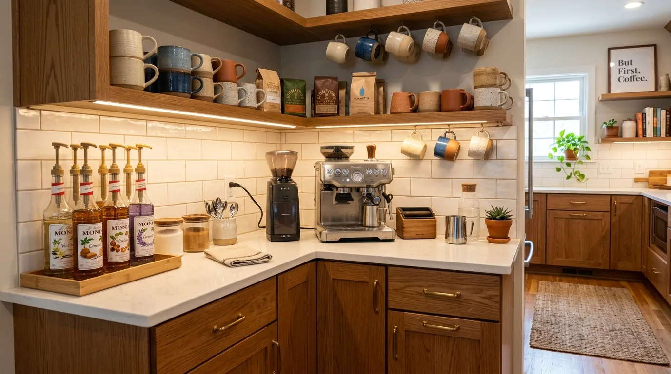 A home coffee bar wall with labeled canisters and a mug rail, no people