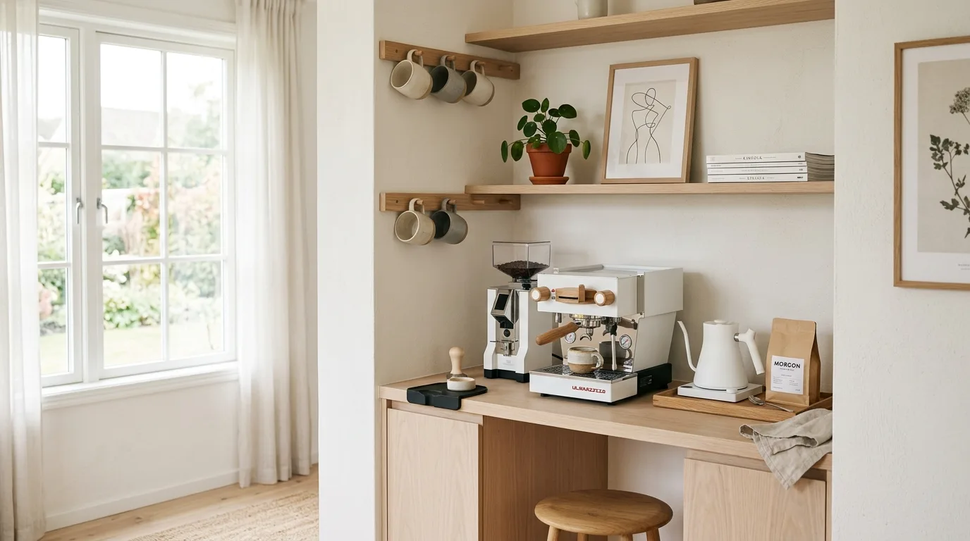 A soft neutral home coffee bar with framed art eucalyptus and ceramic cups, no people