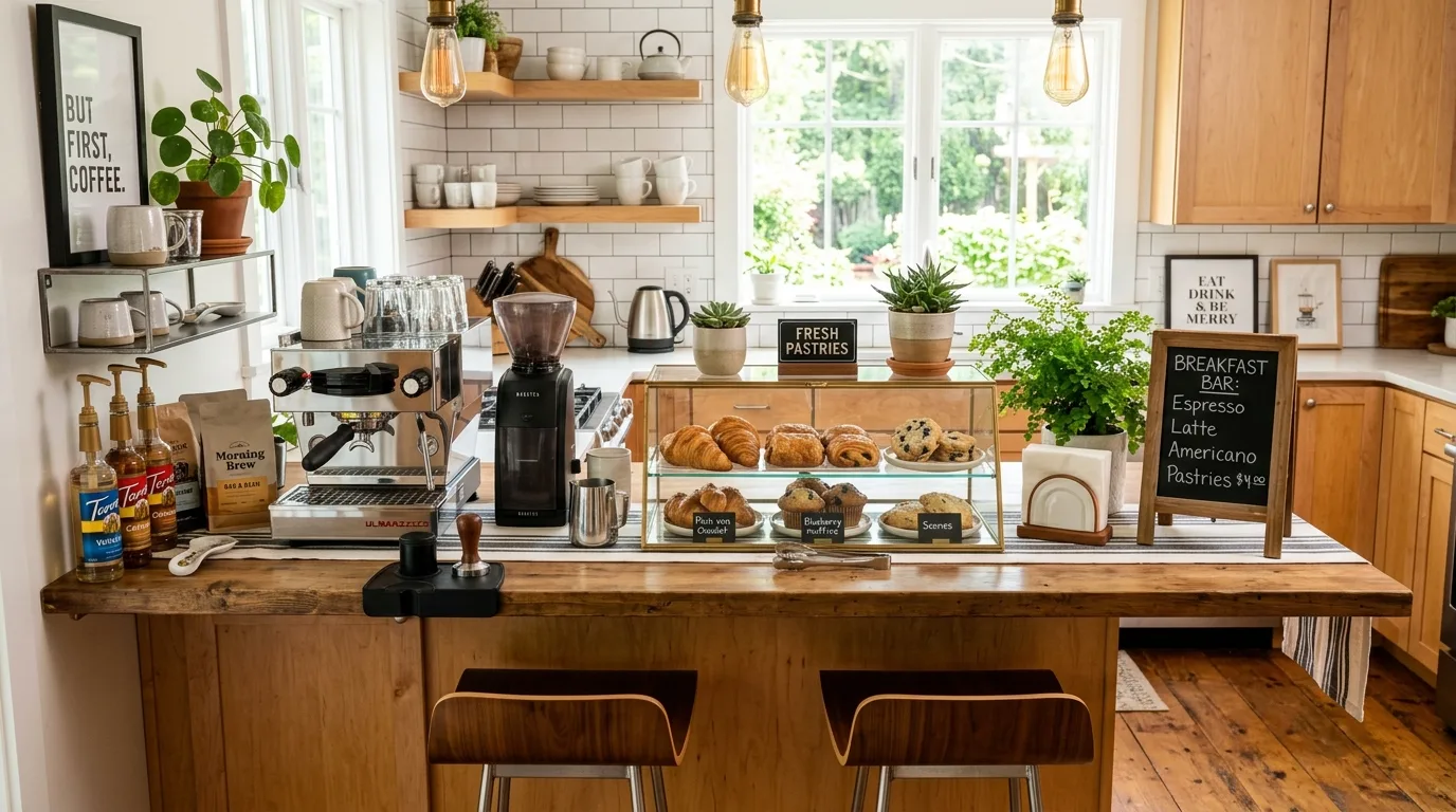 A hidden cabinet garage home coffee bar with folding doors, no people