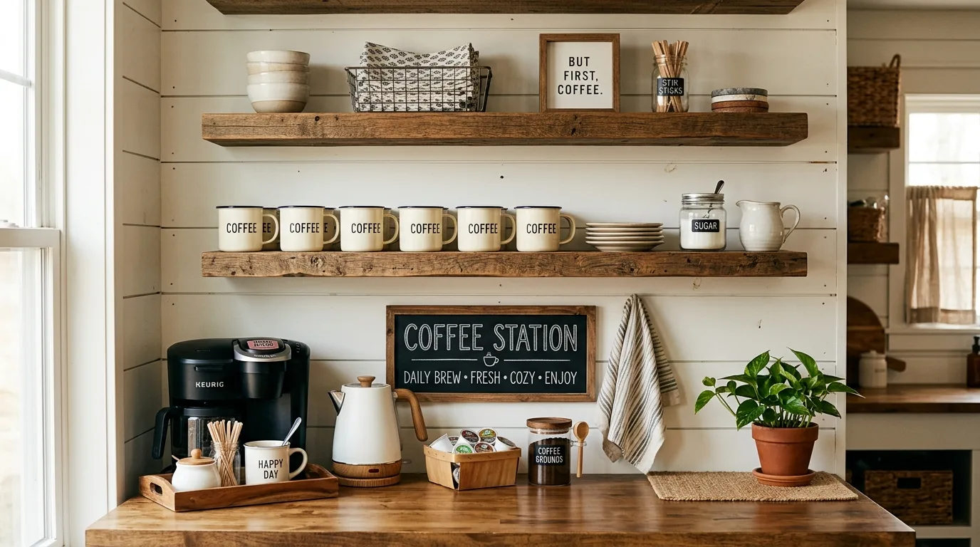 A seasonal home coffee bar with a letter board syrups and layered textures, no people